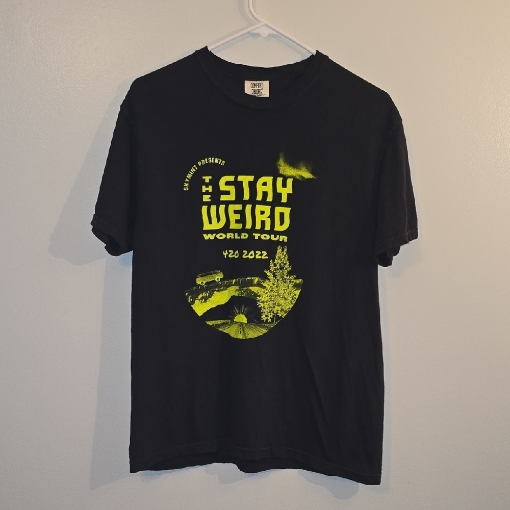 Comfort Colors Black STAY WEIRD WORLD TOUR 4/20/2022 Tee Yellow Text LOT-R1